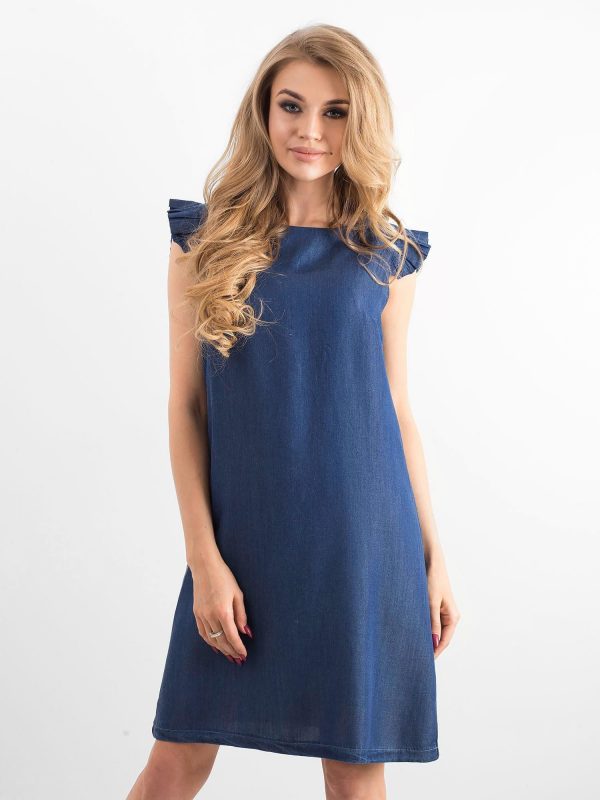 Navy blue dress with flounces on the shoulders