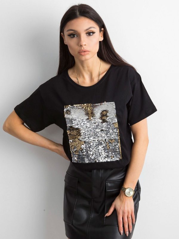 Black Sequin Applique T-Shirt