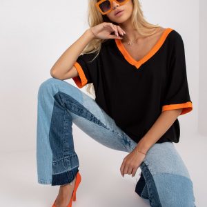 Black and Orange Casual Blouse with V-Neckline