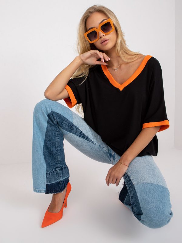 Black and Orange Casual Blouse with V-Neckline