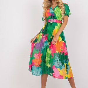 Green Pleated Midi Dress with Prints