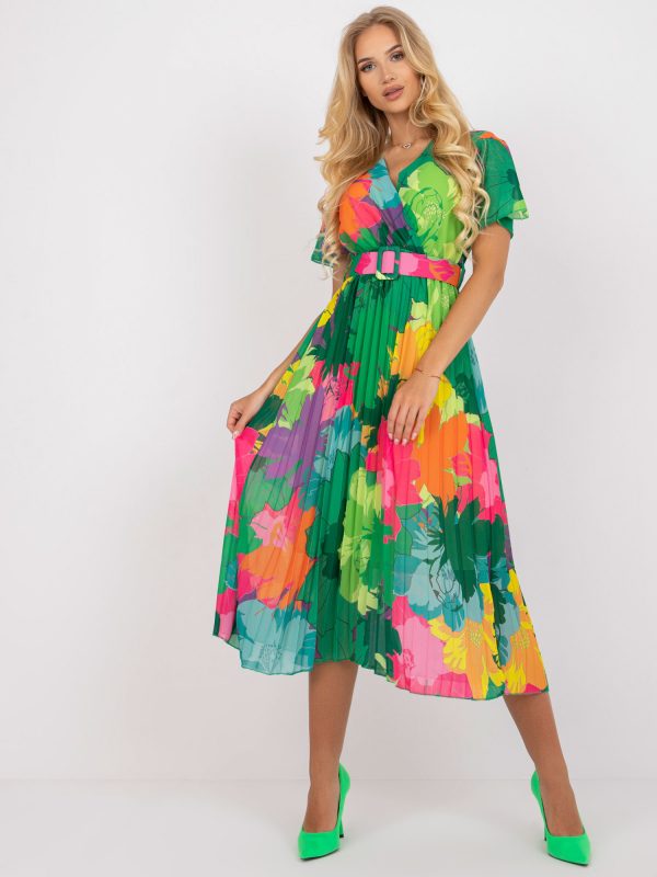 Green Pleated Midi Dress with Prints