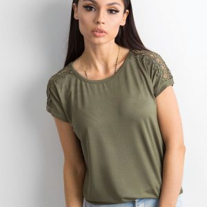 Khaki t-shirt with lace on sleeves