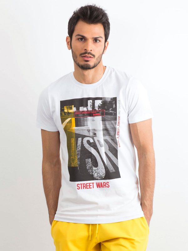 Men's White Cotton T-Shirt with Urban Print