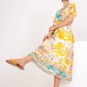 Yellow midi dress with prints and wrap neckline