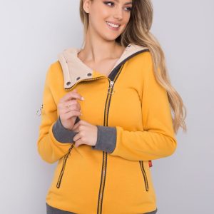 Yellow long sweatshirt with asymmetrical zipper hood