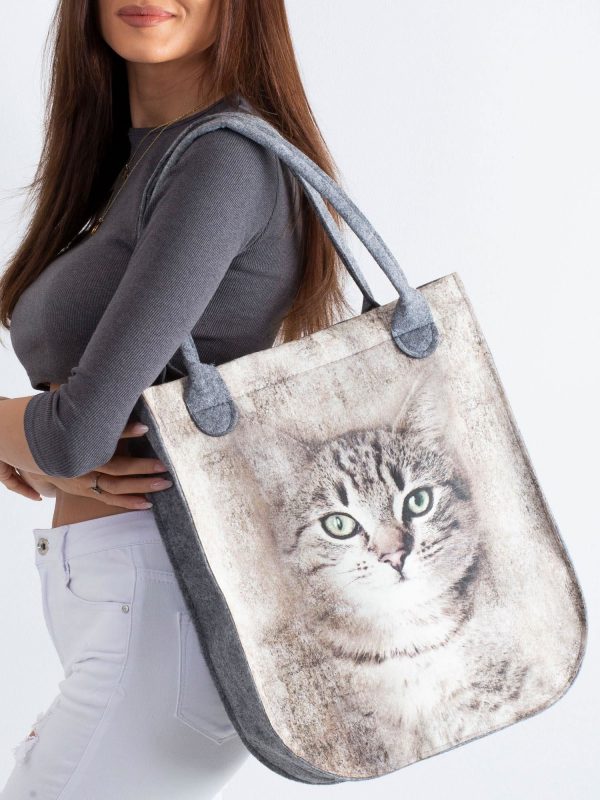 Grey Beige Felt Bag With Cat