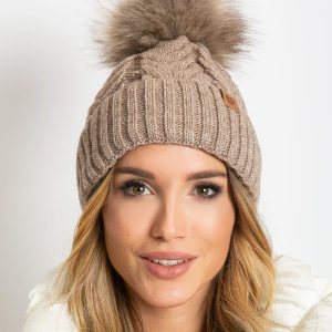 Dark beige insulated hat with pompom