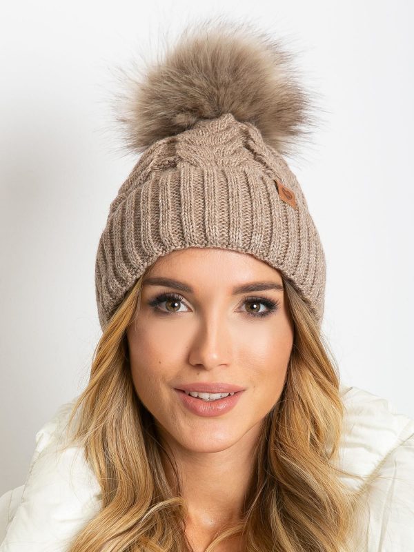 Dark beige insulated hat with pompom