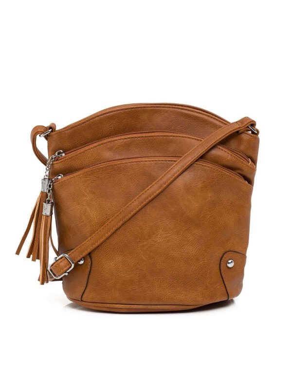 Brown handbag with zippers