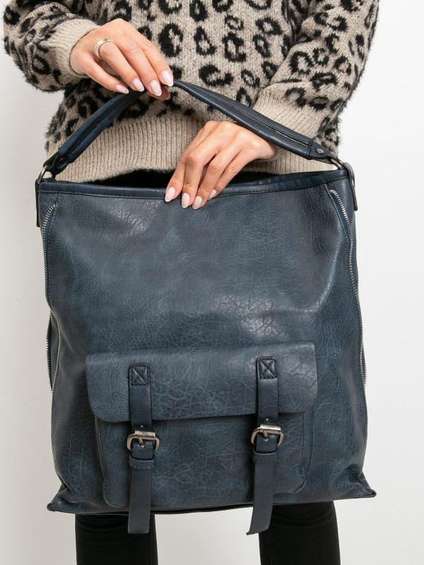 Navy blue eco leather bag with pocket