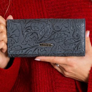 Grey Leather Wallet with Vegetable Pattern