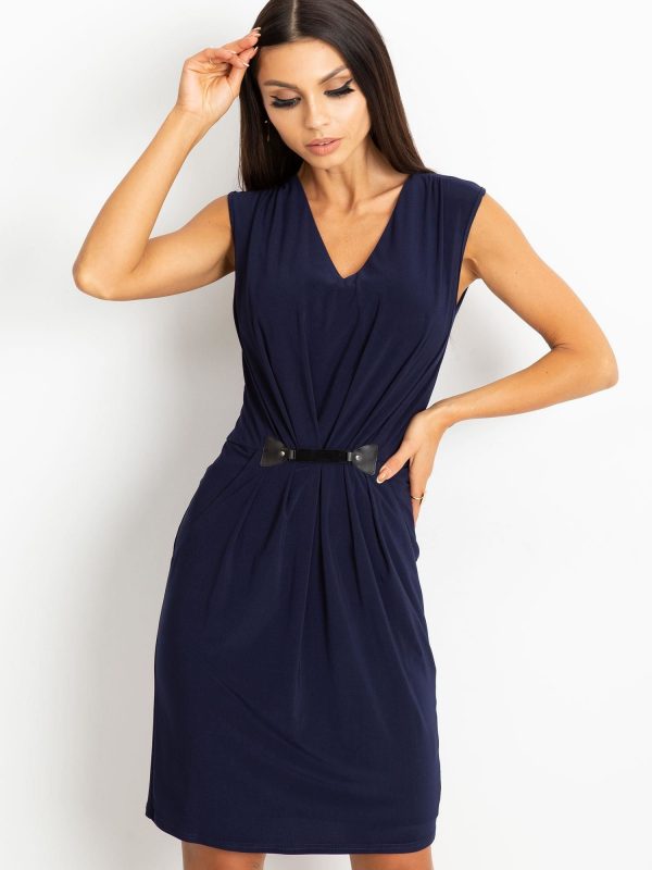 Navy blue dress with decorative draping