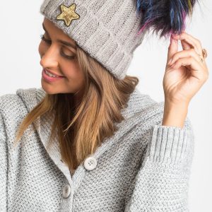 Gray hat with colorful pompom