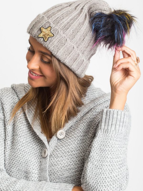 Gray hat with colorful pompom