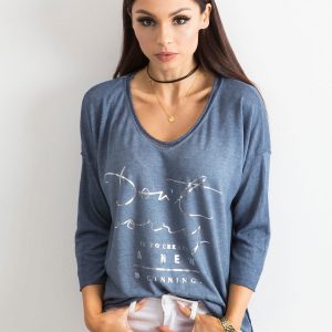 Blue V-neck blouse with inscription