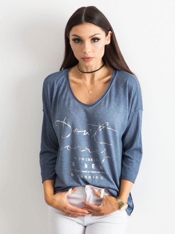 Blue V-neck blouse with inscription