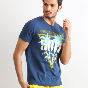 Navy Blue Cotton Printed Men's T-Shirt