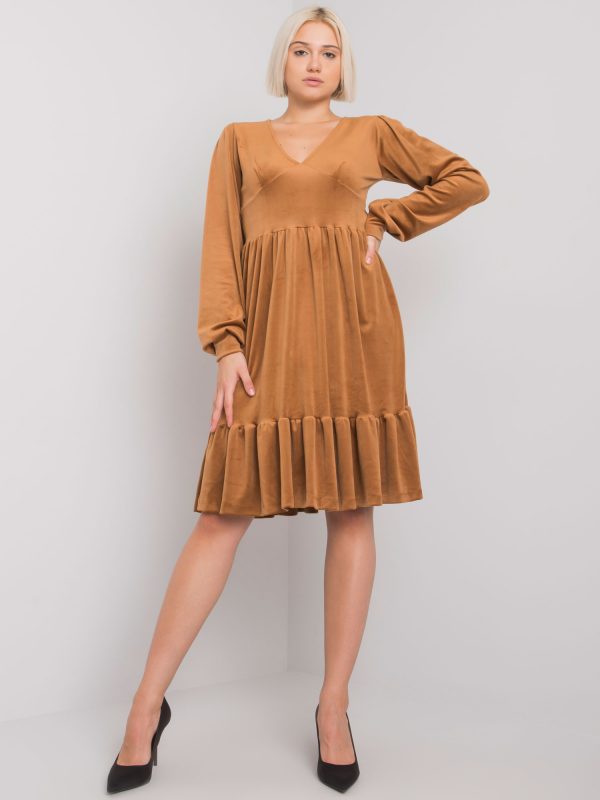 Camel velour dress with flounce Modena