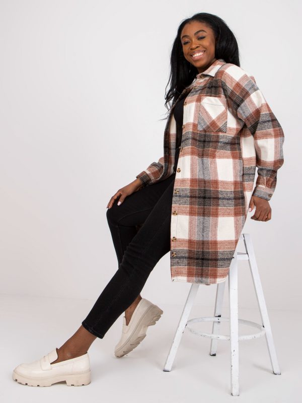 Brown asymmetrical checked shirt with pockets