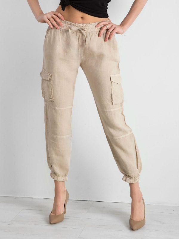 Beige linen cargo pants