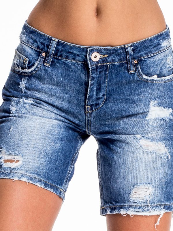 Blue denim shorts with longer leg and abrasions