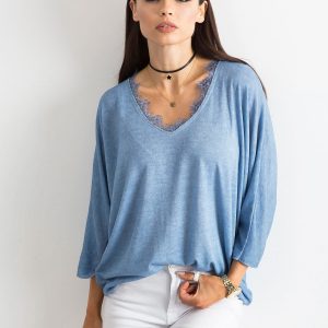 Light blue blouse with lace at the neckline