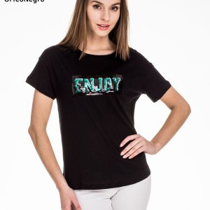 Black T-shirt with ENJOY applique from sequins