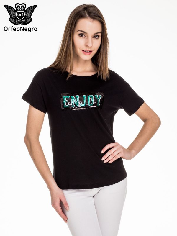 Black T-shirt with ENJOY applique from sequins