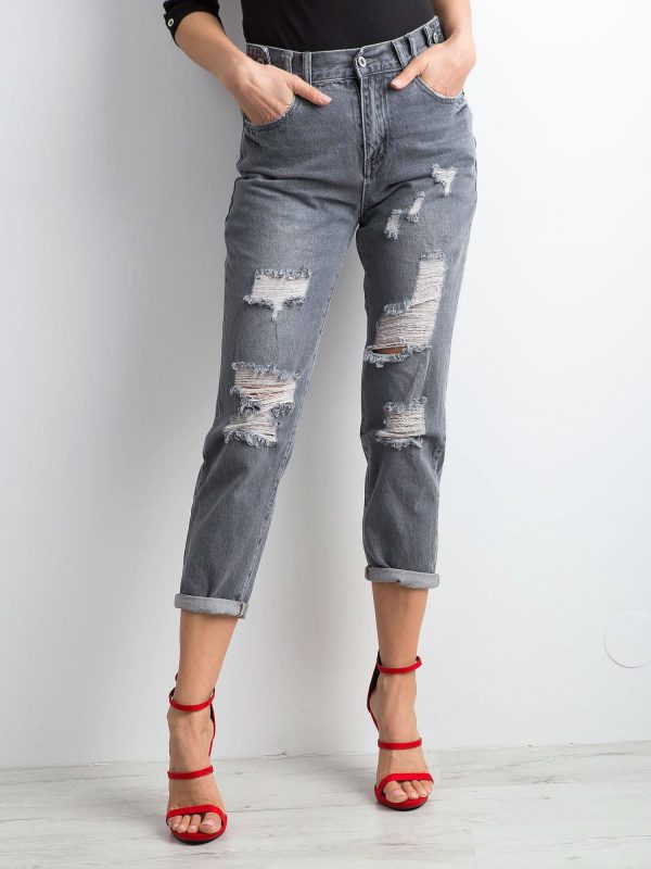 Grey mom jeans pants with abrasions