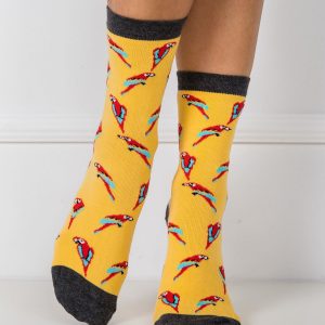 Yellow socks with colorful patterns