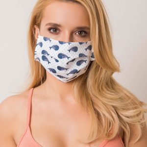 White and navy blue protective mask with print