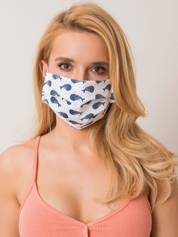 White and navy blue protective mask with print