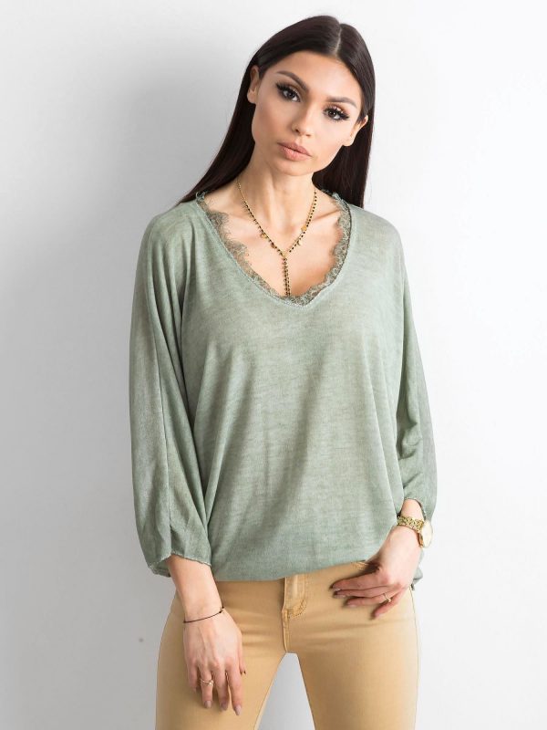 Khaki Loose V-Neck Blouse