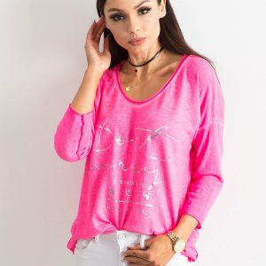 Fluo pink V-neck blouse with inscription