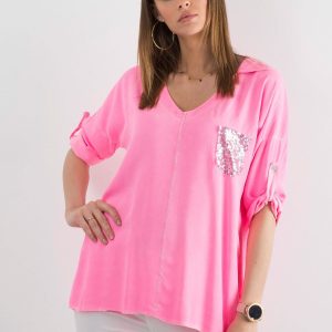 Fluo pink blouse for women with sequin pocket