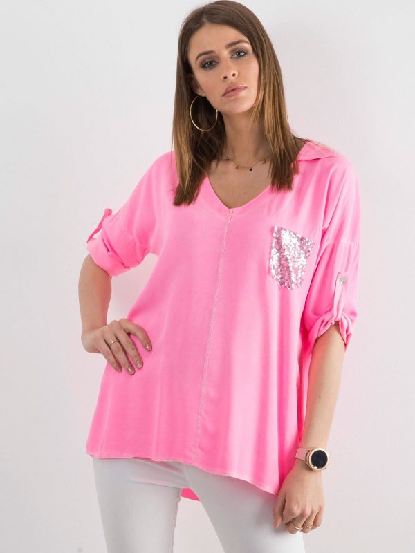 Fluo pink blouse for women with sequin pocket