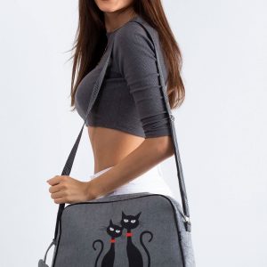 Grey Felt Bag With Cat Printing