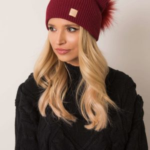 Burgundy beanie hat with pompom RUE PARIS