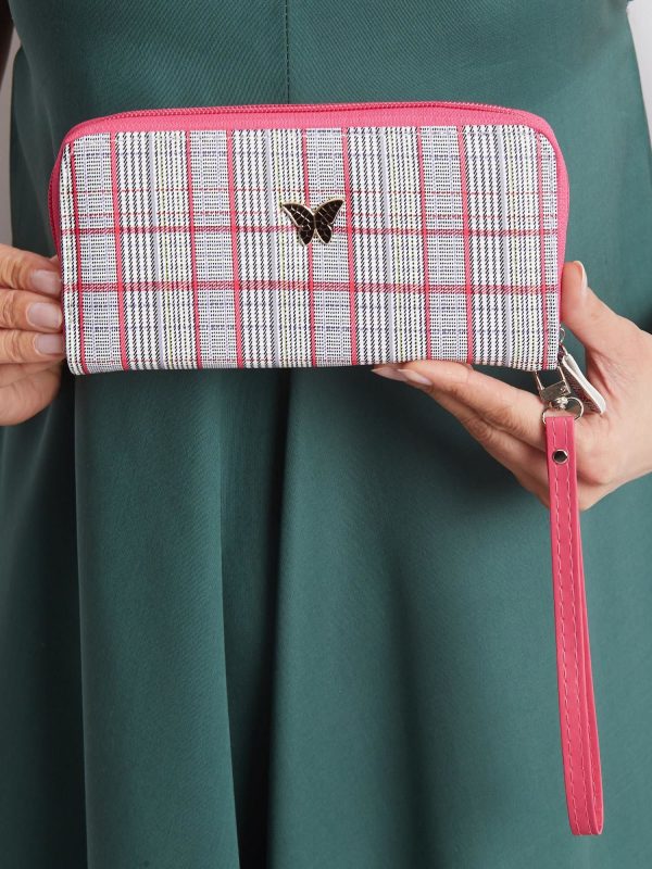 Pink-gray checkered wallet