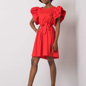 Red dress with decorative sleeves by Sheila