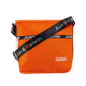 Orange shoulder bag with colorful strap