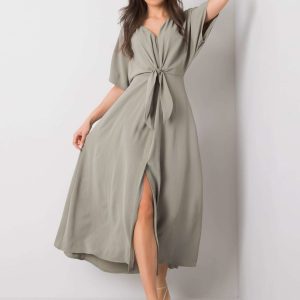 Khaki dress with tie Enrica RUE PARIS