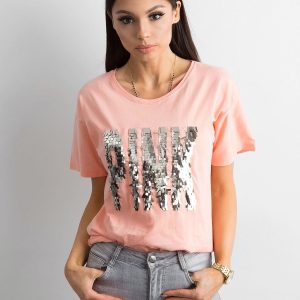 Peach T-shirt with sequin lettering