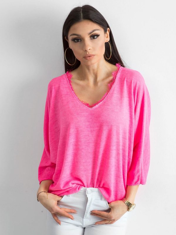 Fluo Pink Loose V-Neck Blouse