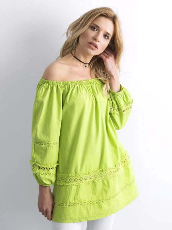 Green cotton tunic with Spanish neckline