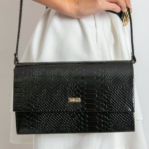 Black patent clutch bag with snake skin motif