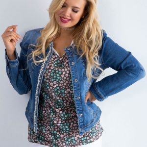 Blue plus size denim jacket with applique