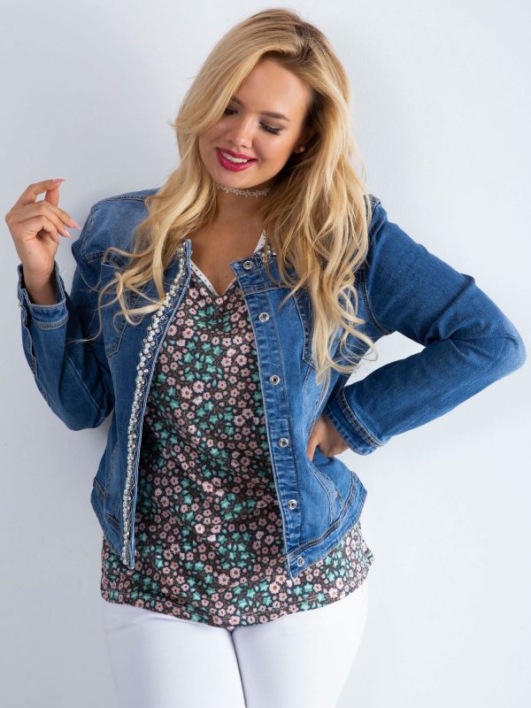 Blue plus size denim jacket with applique