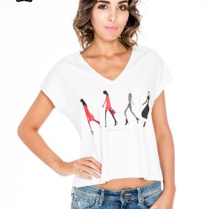 Ecru short t-shirt with silhouette print of women